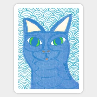 Blue cat with Japanese waves Sticker